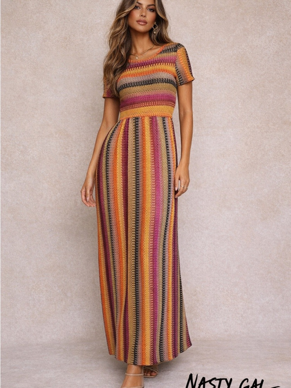 Nasty Gal Striped Knit Maxi Dress in Yellow, Pink & Brown
